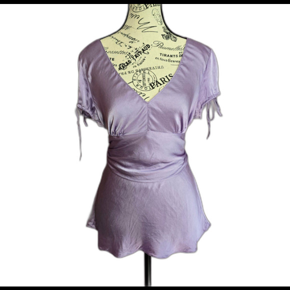 Express 100% Silk lavender lilac short-sleeved v-neck babydoll y2k blouse L - Picture 1 of 8